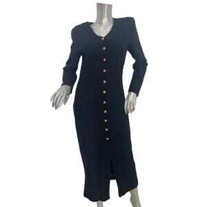 Yes brand vintage 80s button-down textured knit long sleeve black midi dress
